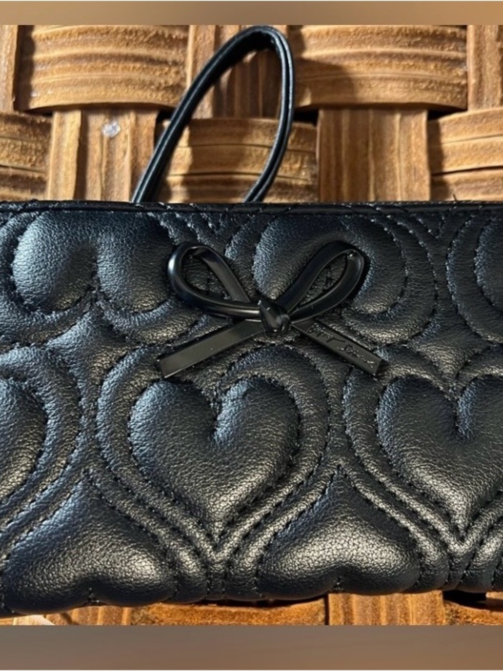 Betsey Johnson Black Quilted Heart Wristlet with Bow Accent